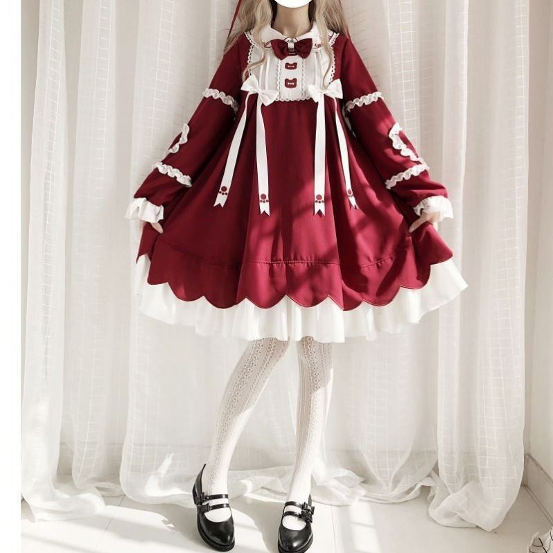 【全款現貨】新年小熊秋冬lolita紅色刺繡洛麗塔燈籠袖長袖連衣裙