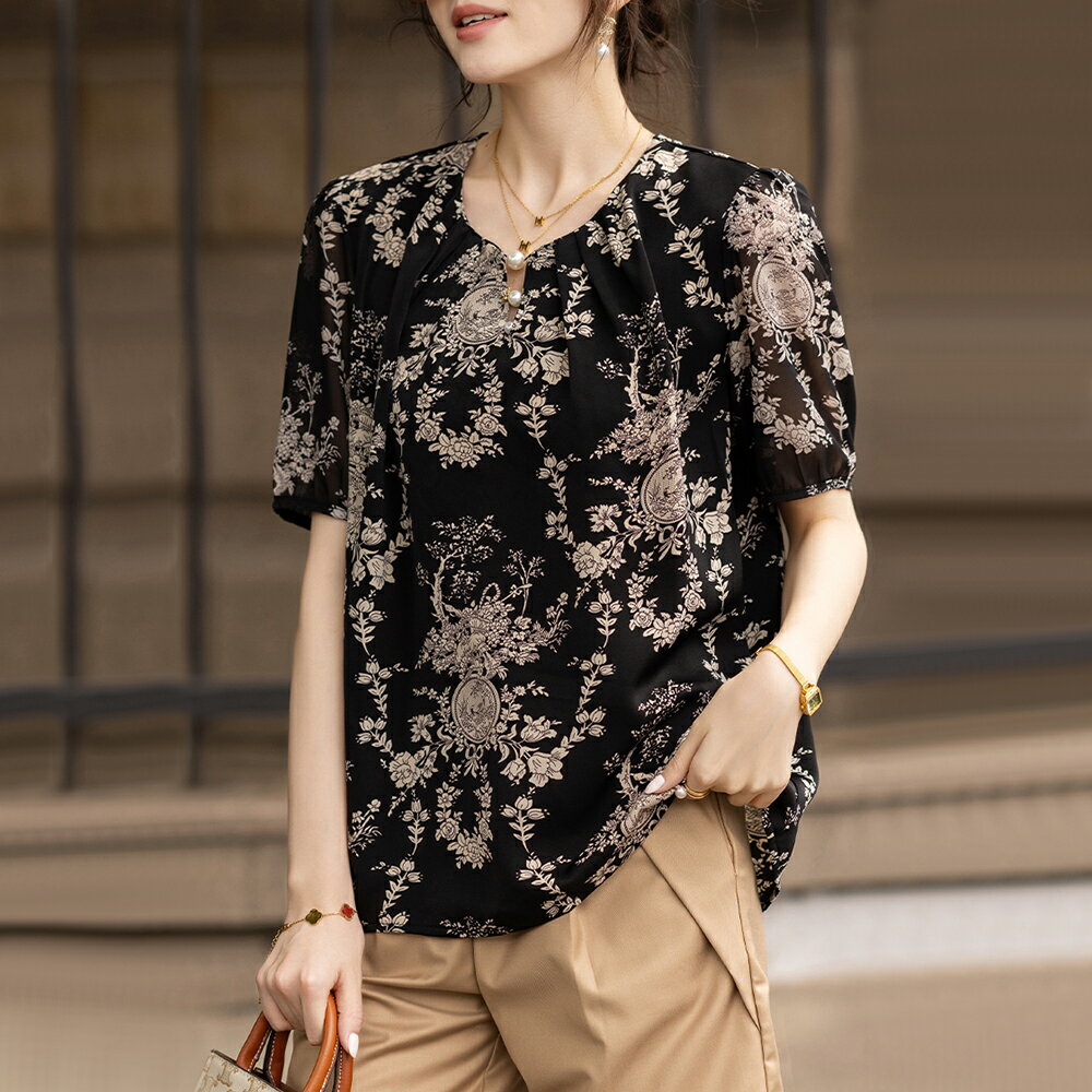 ＊ORead＊碎花雪紡短袖上衣(黑色S~4XL)