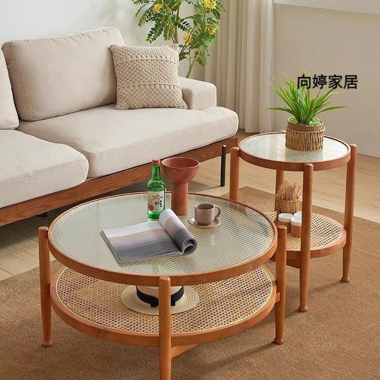 快速出貨 公司貨 日式ins實木藤編茶幾組合北歐簡約客廳家用小戶型圓形玻璃茶桌