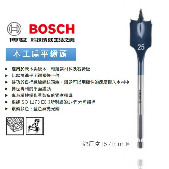 博世 木工 扁平鑽頭 1/4" 六角柄6~40mm 長度400mm 鑽頭 鑽尾 開孔洗洞圓槽 - 臺灣博世 原廠公司貨