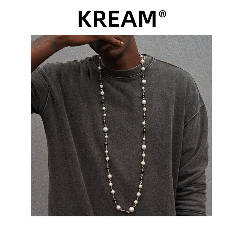 kream 加長可疊戴 黑白透明拼接珍珠項鏈嘻哈男女同款毛衣鏈ins