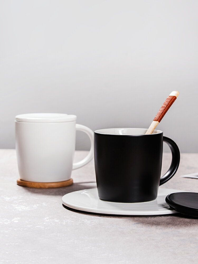 家用陶瓷杯簡約杯子水杯帶蓋勺咖啡杯早餐杯馬克杯燕麥杯