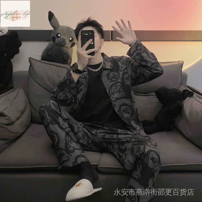 男女情侶睡衣 禮物 睡衣褲 M-5XL網紅冰絲睡衣男春秋季長袖薄款卡通家居服潮牌熊加套裝