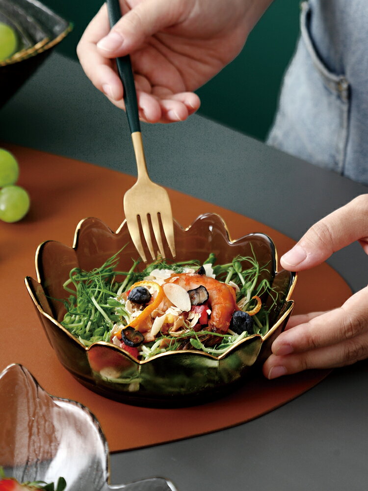 onlycook 創意玻璃碗玻璃沙拉碗金邊水果盤家用甜品盤餐具水果碗