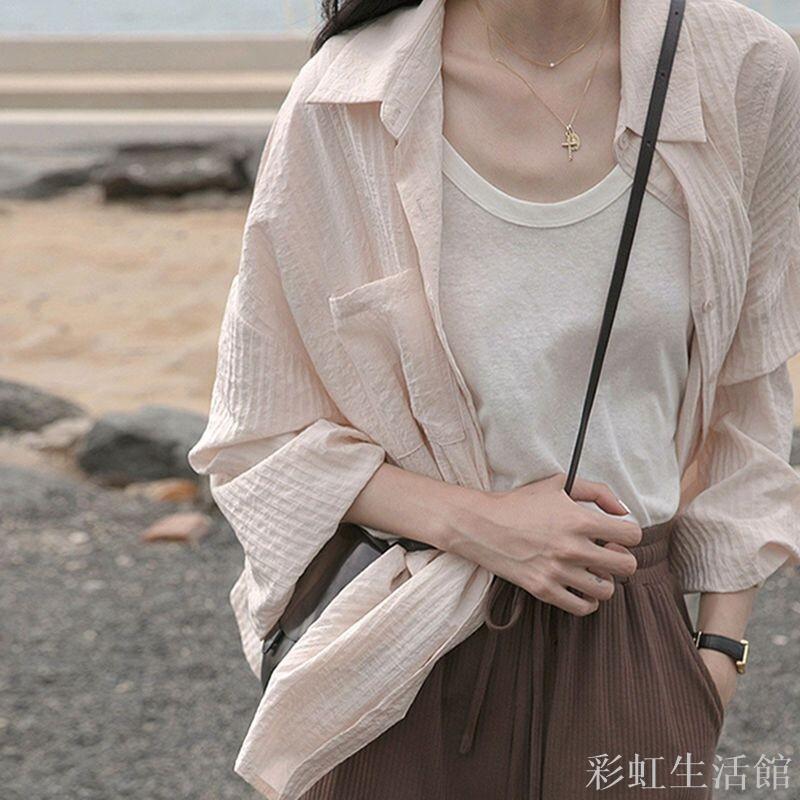 復古港味棉麻襯衫女春夏薄款法式慵懶寬松設計感小眾上衣防曬外套