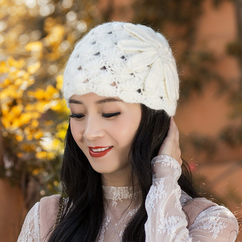 民族風復古手工鉤花針織毛線帽女秋冬花朵貝雷帽包頭帽頭巾帽女帽