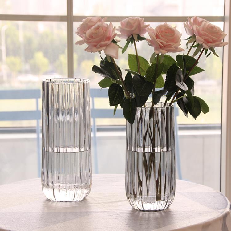 北歐玻璃花瓶透明豎紋創意客廳插花玫瑰百合鮮花家用裝飾擺件 全館免運