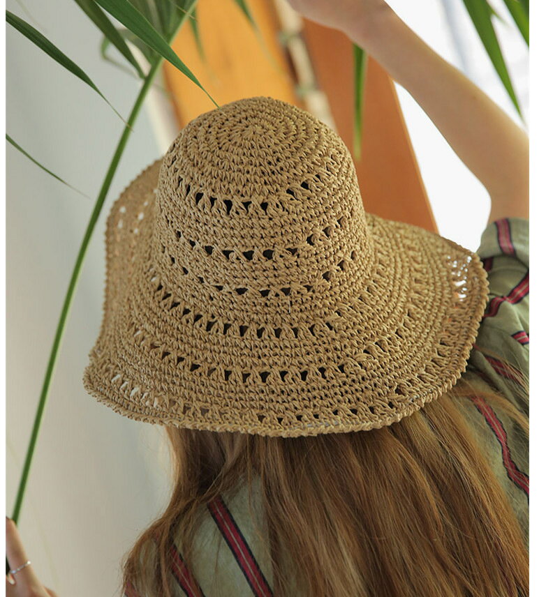 FINDSENSE X 鏤空純色大檐草帽女夏季海邊度假沙灘帽韓版出游可折疊遮陽帽子