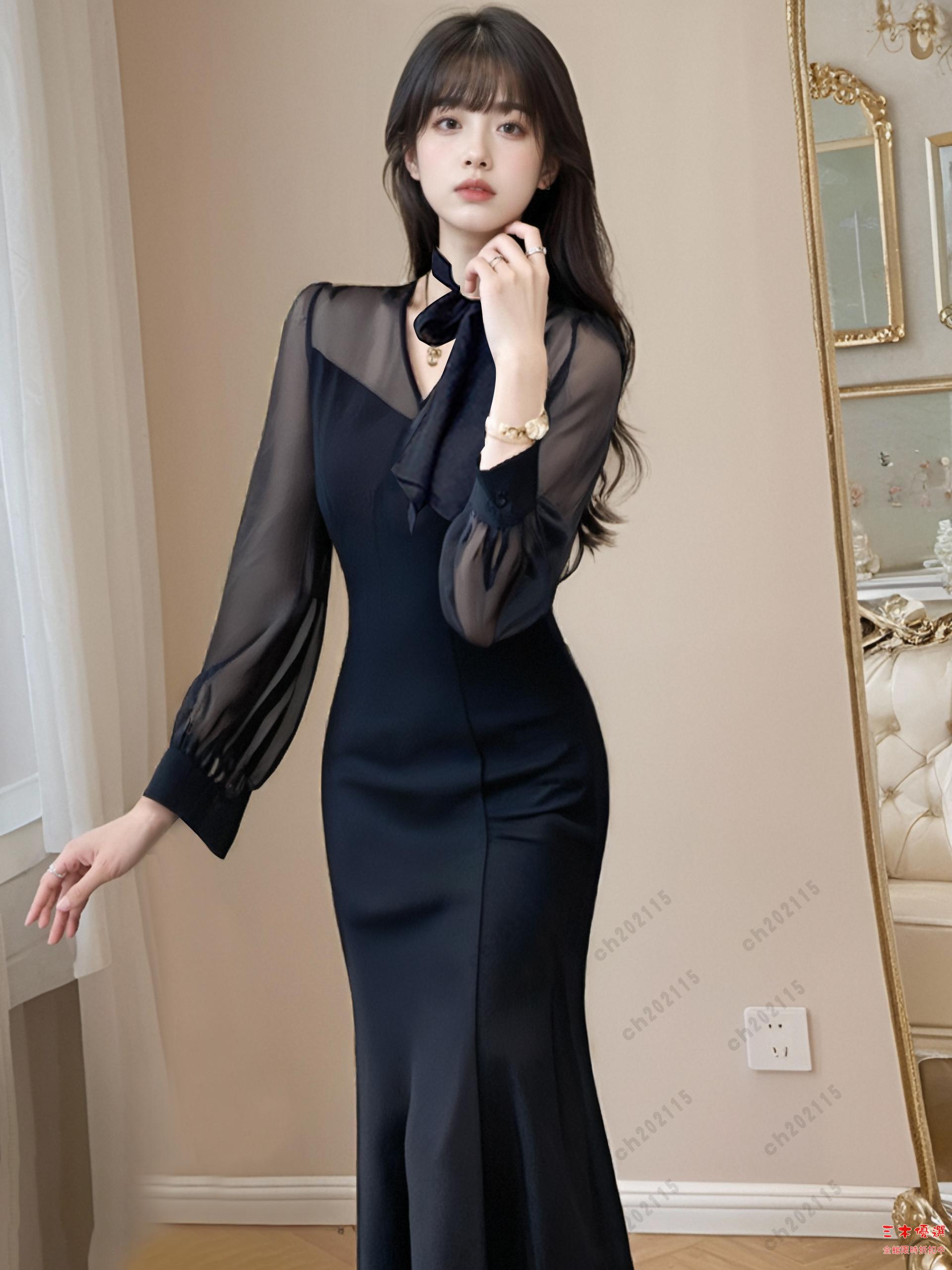 尾牙禮服 洋裝 高階感黑色氣質連衣裙2024秋季新款法式宴會禮服長款魚尾裙1921交換禮物 三木優選