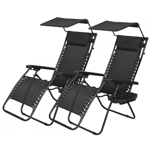 Set Of 2 Zero Gravity Patio Chairs With Canopy And Cup Holders Black