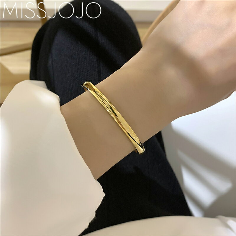 日韓版簡約個性基本款金色光面橢圓弧形鈦鋼鍍18K手鐲手環女