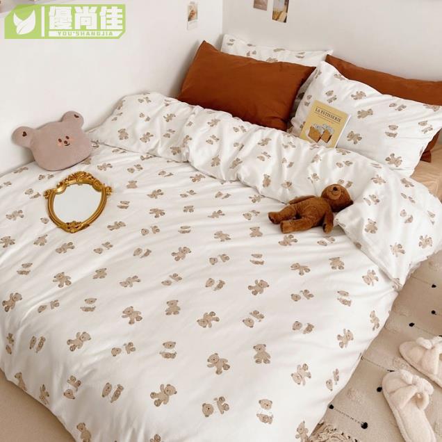 單人床包 雙人床包100%純棉 可愛小熊床包組 2022新款純棉碎花床包四件套 舒適透氣被套 枕套