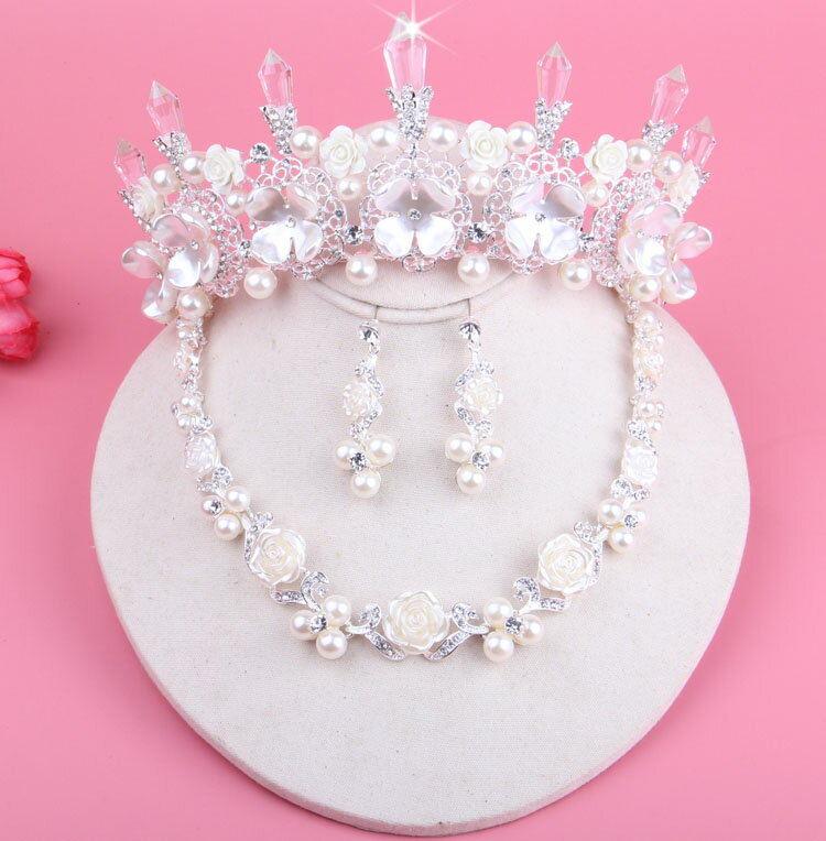 新款新娘套鏈 韓式新娘飾品 結婚公主皇冠珍珠項鏈耳環三件套包郵
