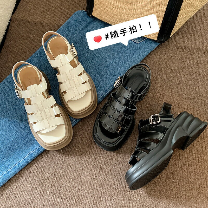 2023年夏季新款涼鞋女外穿高跟厚底真皮百搭露趾女士系扣羅馬涼鞋