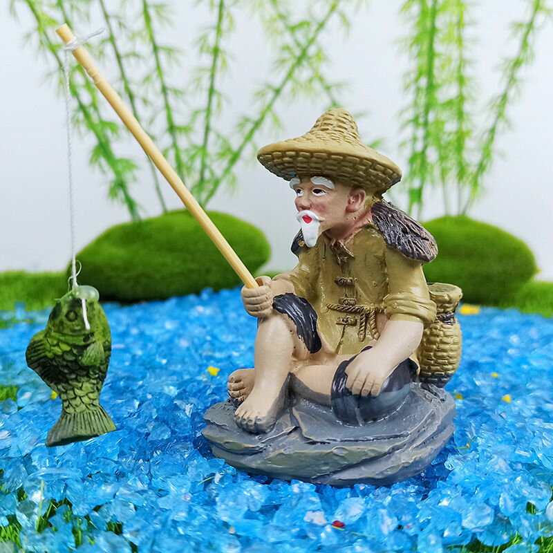 魚缸裡的裝飾品模擬樹脂擺件姜太公釣魚翁老頭造景套餐配件水草