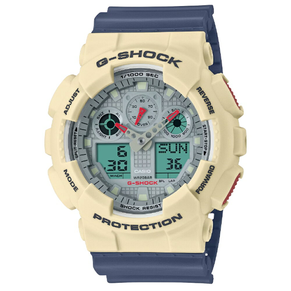 送禮首選★CASIO 卡西歐 G-SHOCK 復古時尚 大圓錶殼雙顯錶-米灰色(GA-100PC-7A2 防水200米) 附提袋【全館滿額折價★APP下單跨店最高22%點數回饋】