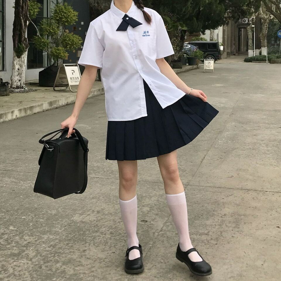 套裝新款JK制服圓領女夏襯衫校服百褶裙女泰國學生寬松(三件套)
