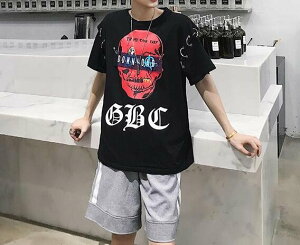FINDSENSE2019 夏季 新款 韓國 街頭 嘻哈鐵圈 印花 織帶 個性 時尚 寬鬆 個性短袖 半袖T恤 潮男上衣