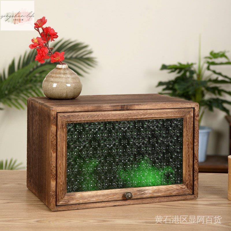 復古實木防塵茶具收納櫃 海棠花玻璃單門儲物櫃 居家玻璃櫃文具日式桌面小櫃子 復古泡茶櫃防