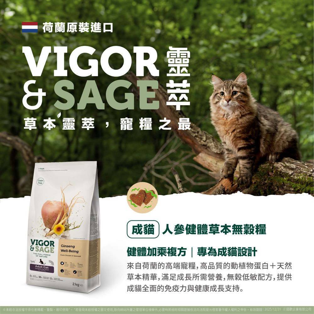 VIGOR & SAGE 靈粹 荷蘭進口 成貓人參健體草本無穀糧 貓糧