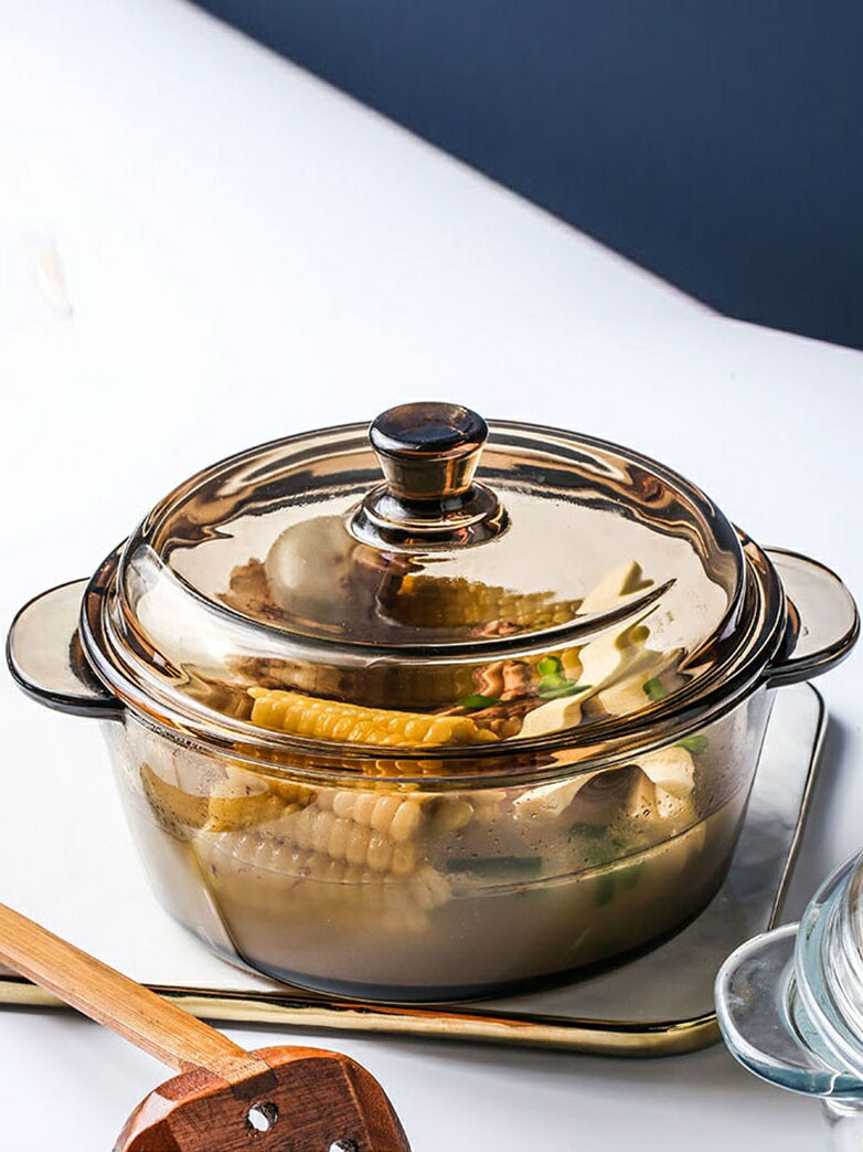 北歐茶色鋼化玻璃帶蓋湯碗透明加厚泡麵碗家用創意餐具雙耳大湯碗