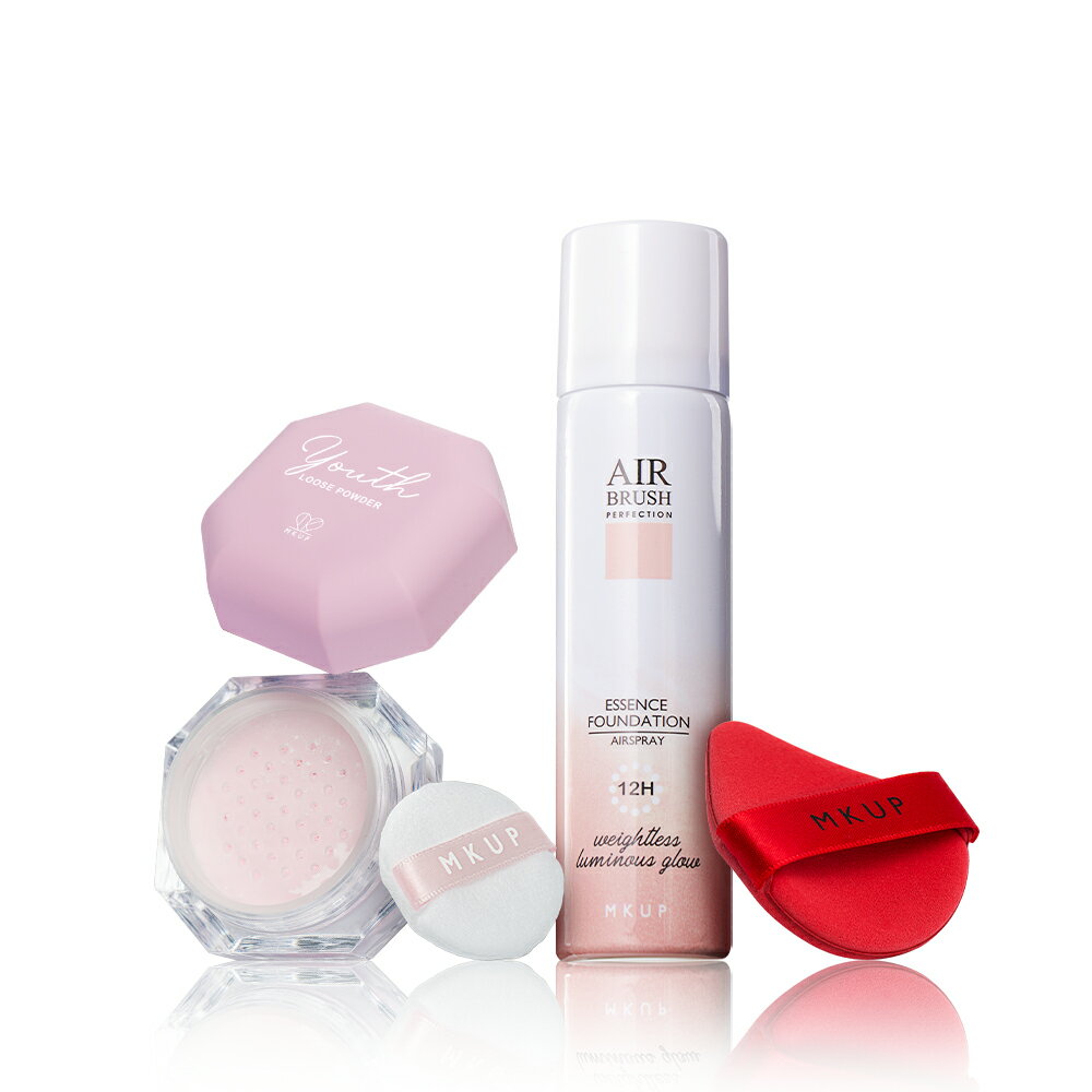 MKUP 美咖 粉青春清透柔膚蜜粉+空氣感精華粉底液SPF19★★★★+粉撲(竹炭/G蛋糕/三角/氣墊)隨機出貨
