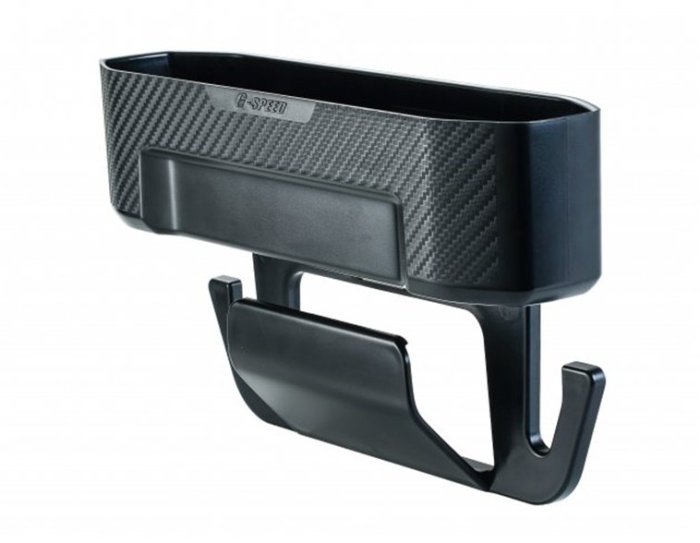 權世界@汽車用品 G-SPEED 碳纖紋座椅邊椅縫插入式/頭枕桿固定式兩用 彈性板固定車內便利收納置物盒 PR-93