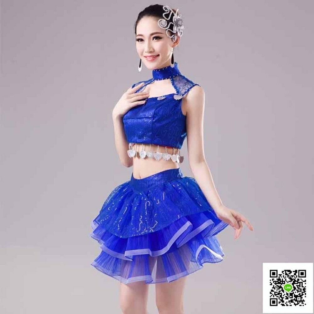 舞蹈服 現代舞蹈演出服廣場舞服裝比賽夏季排舞伴舞團體舞臺服成人女短裙 歐歐流行館
