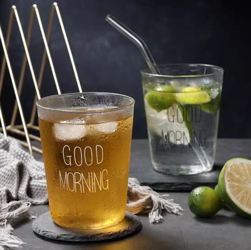 耐熱ins玻璃杯創意家用水杯果汁杯牛奶杯抖音good morning早安杯【繁星小鎮】