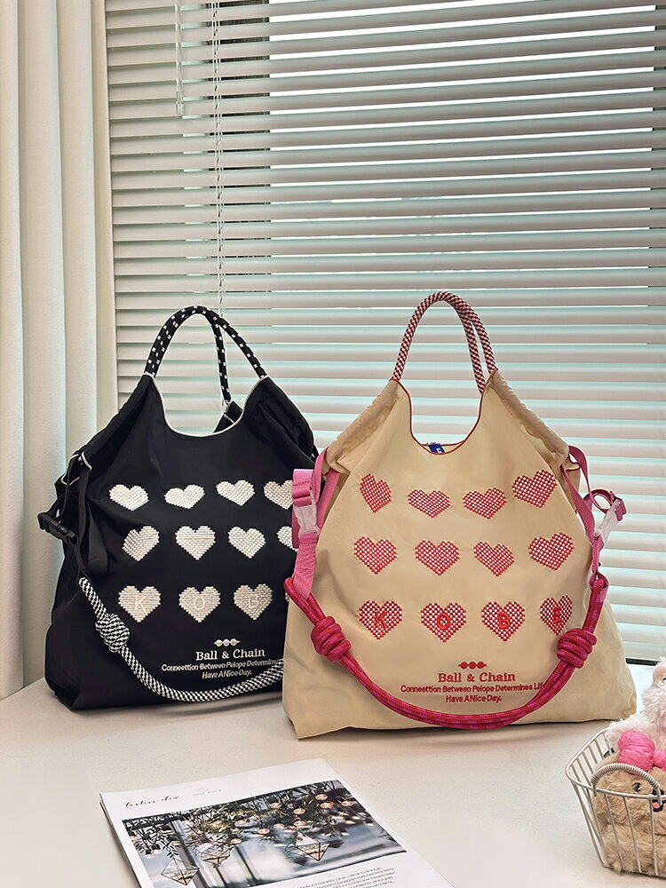 日系ball chain刺繡愛心環保袋斜背手提帆布包購物袋大容量通勤包