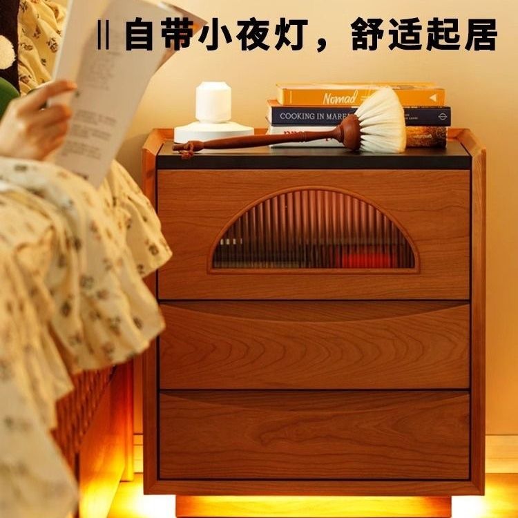 櫻桃浮生實木巖板超窄床頭櫃收納臥室北歐簡約夾縫氛圍J-32公司貨
