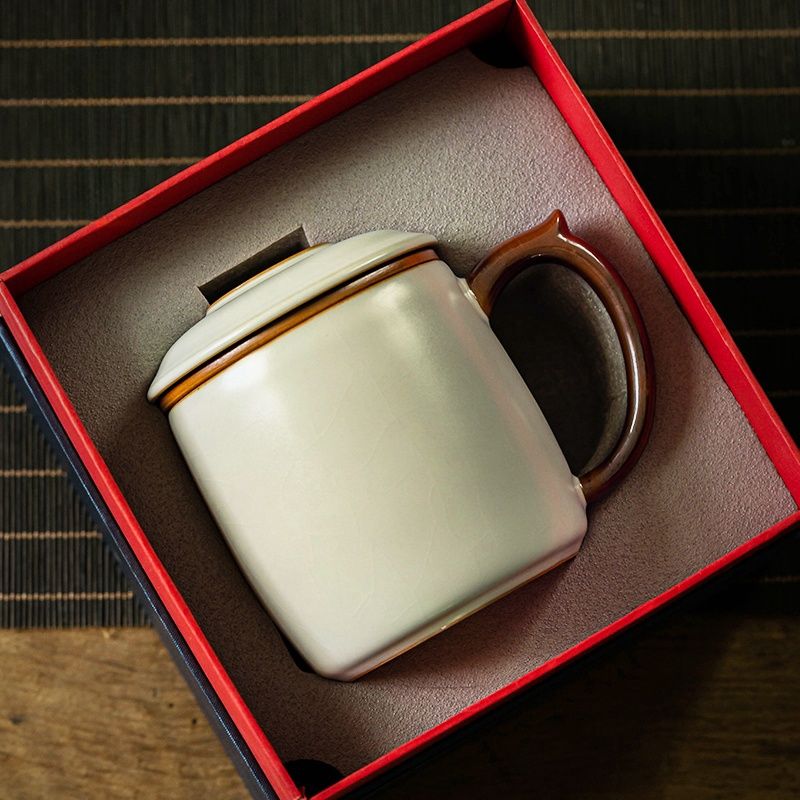 茶杯 茶壺 水壺 茶具 泡茶壺 米黃汝窯茶杯大容量陶瓷茶水分離過濾泡茶水杯辦公室個人專用杯子 八折減免 特價出 限時減免