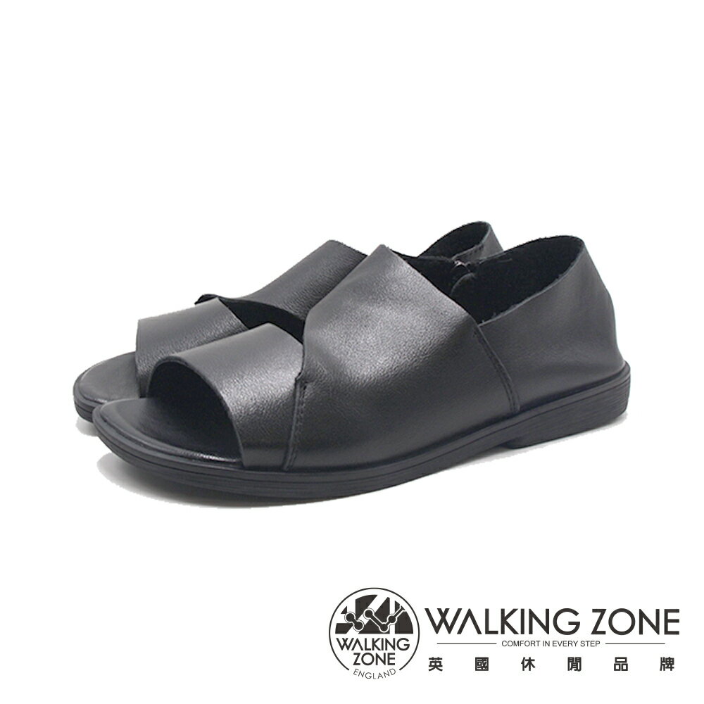 WALKING ZONE(女)真軟皮寬帶個性涼鞋 女鞋-黑色