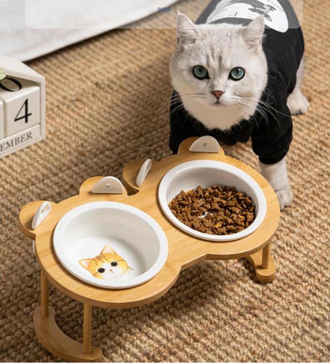❀樂天優選好物❀貓碗雙碗貓糧盆防打翻陶瓷寵物狗飯碗飲水斜口保護頸椎貓食盆
