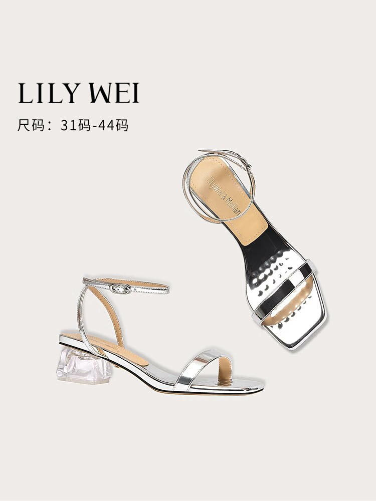 Lily Wei一字帶銀色高跟鞋水晶跟方頭露趾粗跟時尚涼鞋大碼41-43