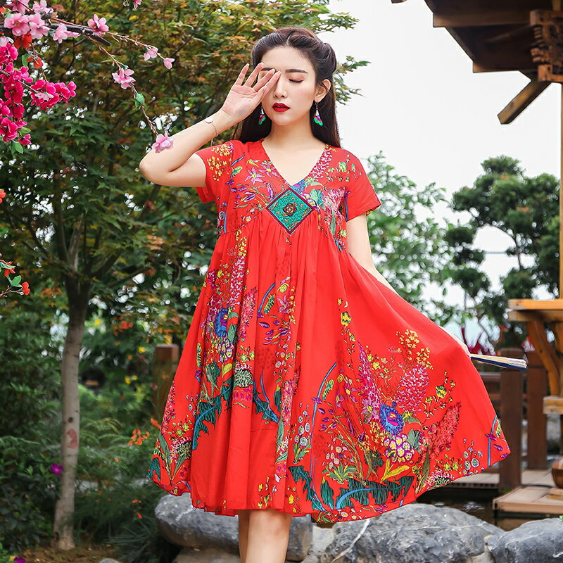 夏季波西米亞民族風泰國度假印花裙大碼寬松連衣裙顯瘦A字裙
