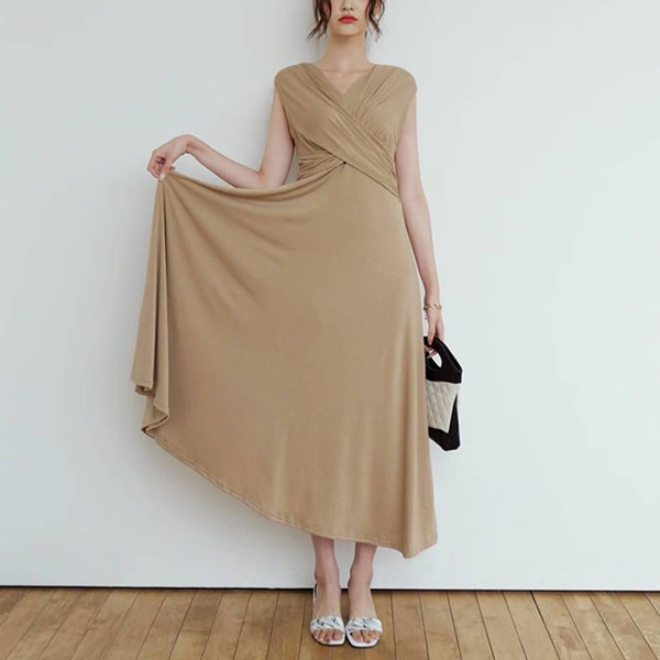 ANNAS 正韓 V領 抓皺 交叉 無袖 洋裝 連身裙 長裙 長洋裝 大裙擺 背心裙 棉質 顯瘦 彈性 素面 韓國 3