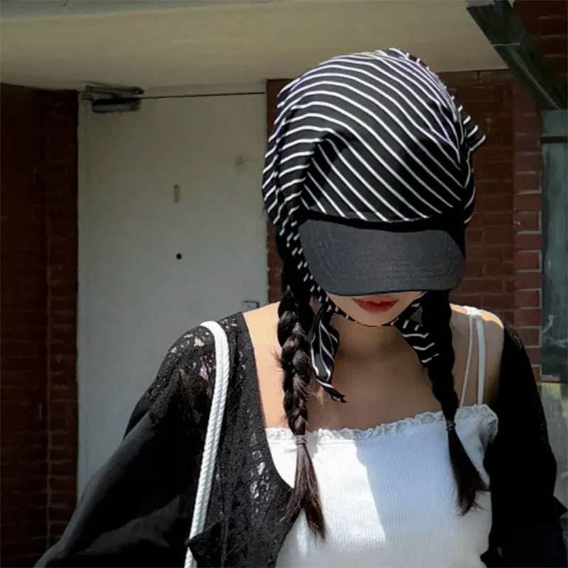 ANNAS 韓國下巴綁帶鴨舌帽 GD頭巾 防飛防曬帽子 巴拉克拉法帽 春夏條紋遮陽 1