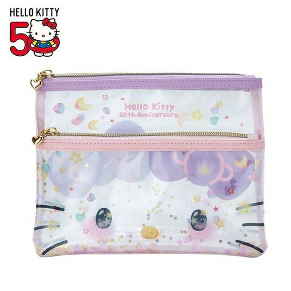 【震撼精品百貨】Hello Kitty 凱蒂貓~日本Sanrio三麗鷗 KITTY透明雙層扁平收納袋 (50週年)*51759