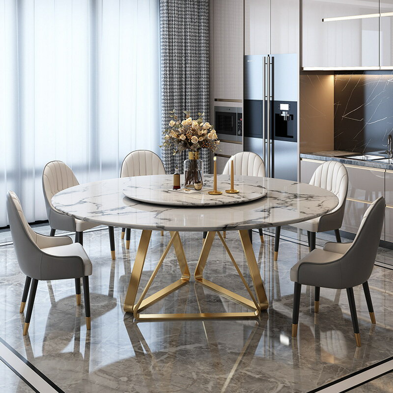 輕奢大理石餐桌椅組合圓桌現代簡約家用圓形小戶型帶轉盤意式飯桌
