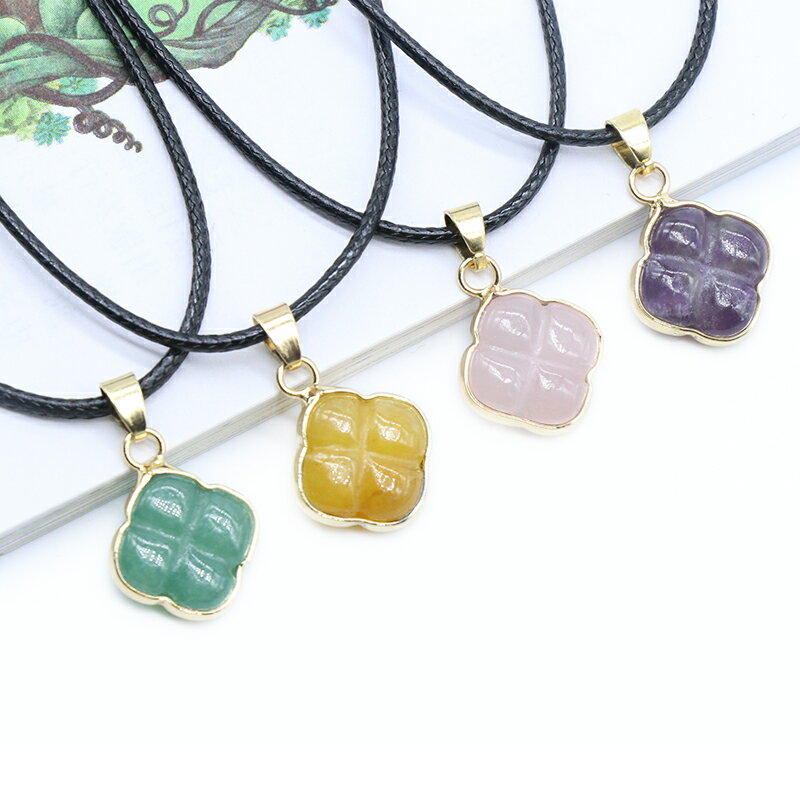 四葉花 綠東陵黃玉鎏邊吊墜天然水晶瑪瑙半寶石雕刻花項鏈 送皮繩