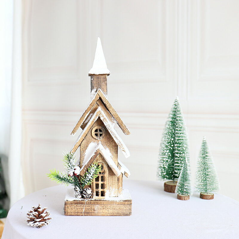 北歐ins小木屋房子圣誕節裝飾品發光桌面樹場景迷你擺件木質禮物