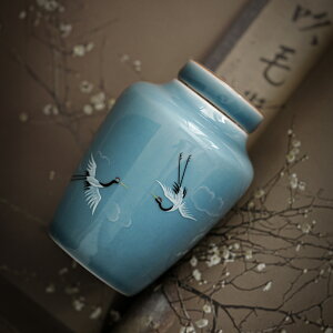 陶瓷茶葉罐霽藍瑞鶴茶葉包裝盒防潮密封裝茶大號小罐茶便攜包裝盒