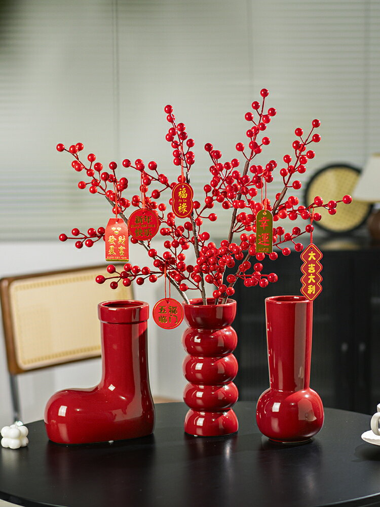 【可開發票】 宅配到府 花瓶 玻璃花瓶2024新年紅色陶瓷花瓶年宵花花瓶擺件水養鮮花餐廳客廳擺件裝飾品~優樂悅