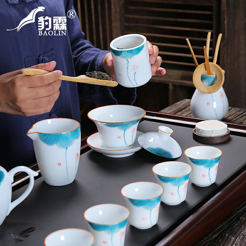 德化白瓷手繪茶杯具套裝陶瓷器高檔禮盒輕奢整套泡茶工具網紅茶具