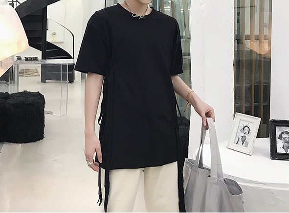 FINDSENSE H1 2018 夏季 新款 個性純色 織帶 拉鏈 設計 百搭 短袖 寬鬆 T恤 潮流 時尚 男