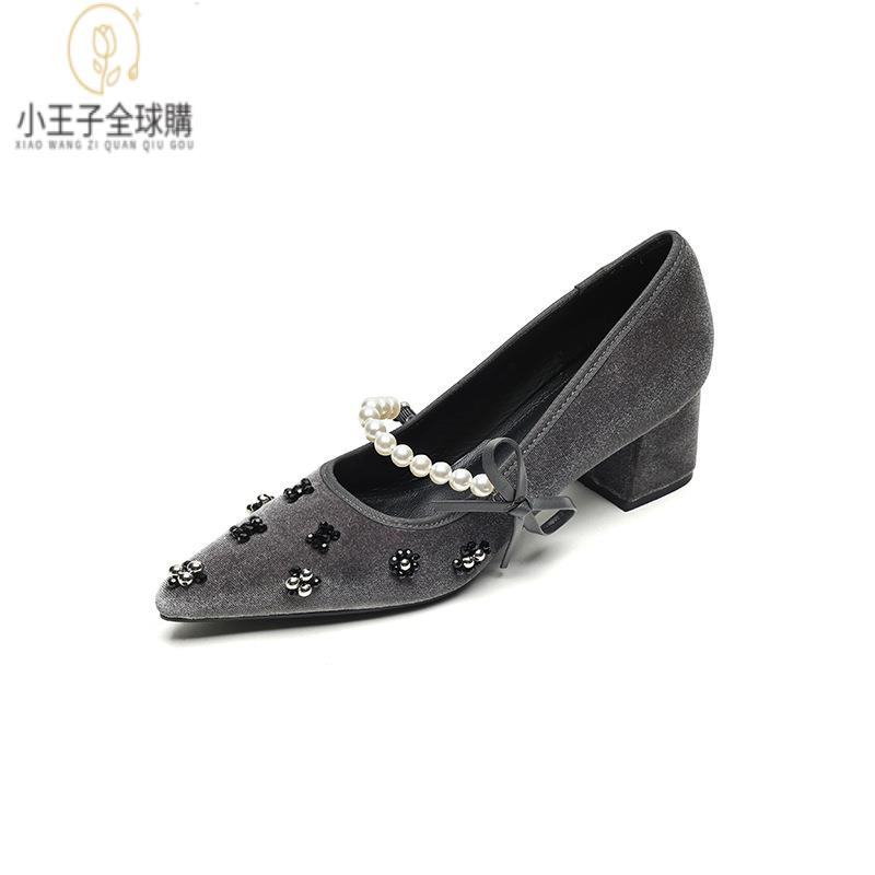 【公司現貨速發】免運 開發票 小短靴 堆堆靴 真皮女鞋 羊皮鞋 小皮鞋 樂福鞋春夏新款金絲絨串珠瑪麗珍尖頭5釐米大粗跟美觀時尚大方女鞋 定製