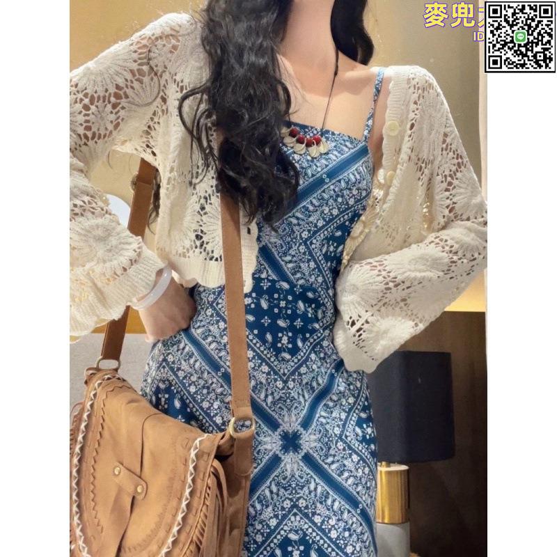 【全球優品滙】絕美民族風吊帶連衣裙女早春2023新款海邊度假氣質藍色泰式連衣裙