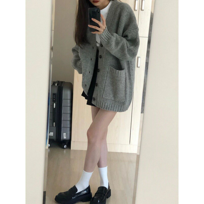 外套 女裝 休閒外套 時尚外套 保暖外套  韓版V領慵懶風開衫2025新款日系簡約毛衣女春秋冬休閒寬鬆針織衫 3