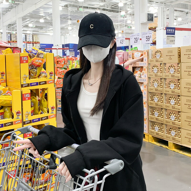 外套 女裝 休閒外套 時尚外套 衛衣女美式連帽加絨休閒運動外套秋季百搭寬鬆長袖小個子開衫上衣 5